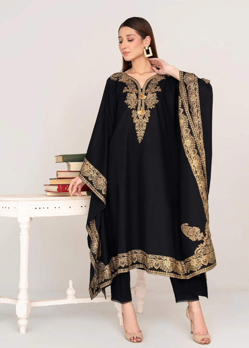 Black Embroidered Lawn Kaftan