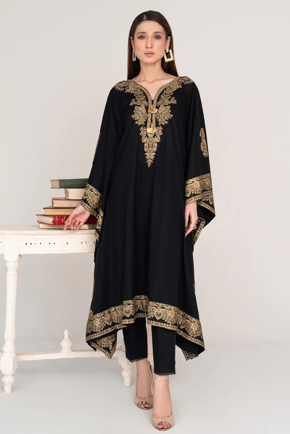 Black Embroidered Lawn Kaftan