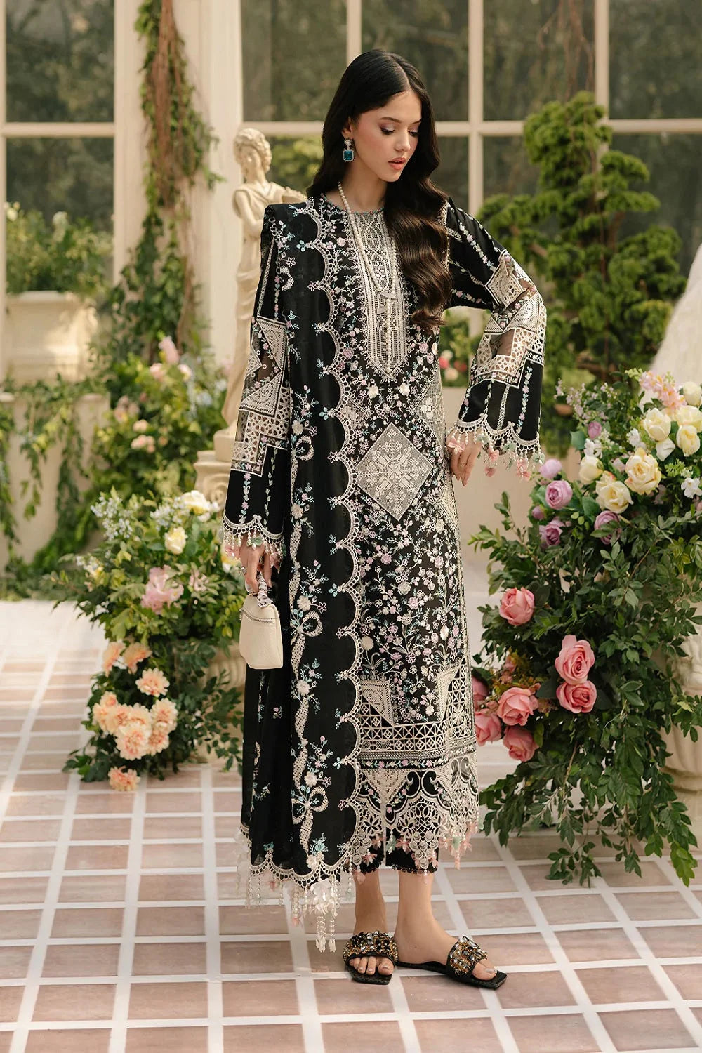 Black Heavy Embroidered Lawn Suit with Laser Cutwork