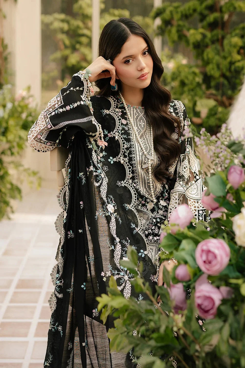 Black Heavy Embroidered Lawn Suit with Laser Cutwork