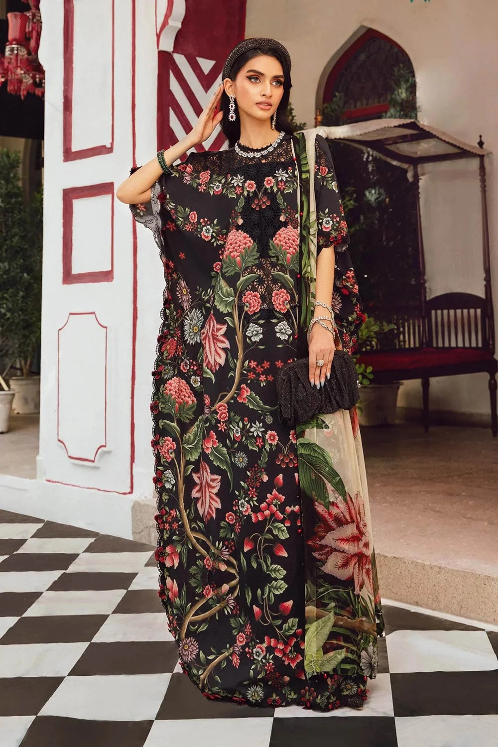 Black Floral Printed Pure Lawn Suit with Embroidered Laces