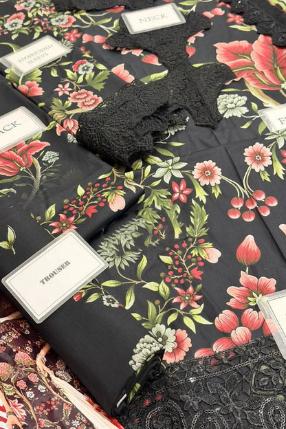 Black Floral Printed Pure Lawn Suit with Embroidered Laces