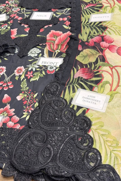 Black Floral Printed Pure Lawn Suit with Embroidered Laces