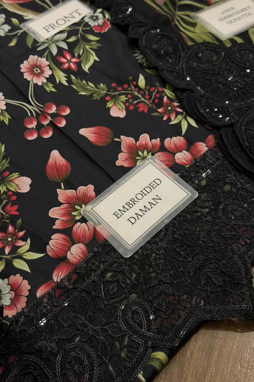 Black Floral Printed Pure Lawn Suit with Embroidered Laces