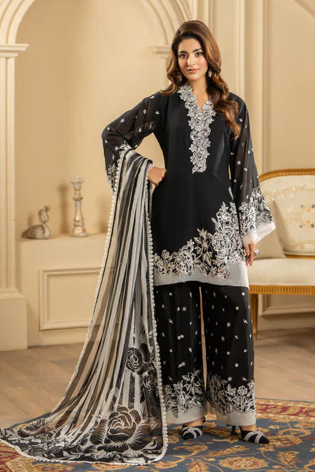 Black Georgette Chiffon Farshi Shalwar Suit with Applique Work