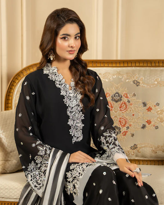Black Georgette Chiffon Farshi Shalwar Suit with Applique Work