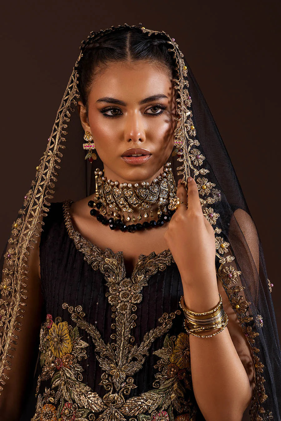 Hand Embroidered Black Crinkle Chiffon Sharara