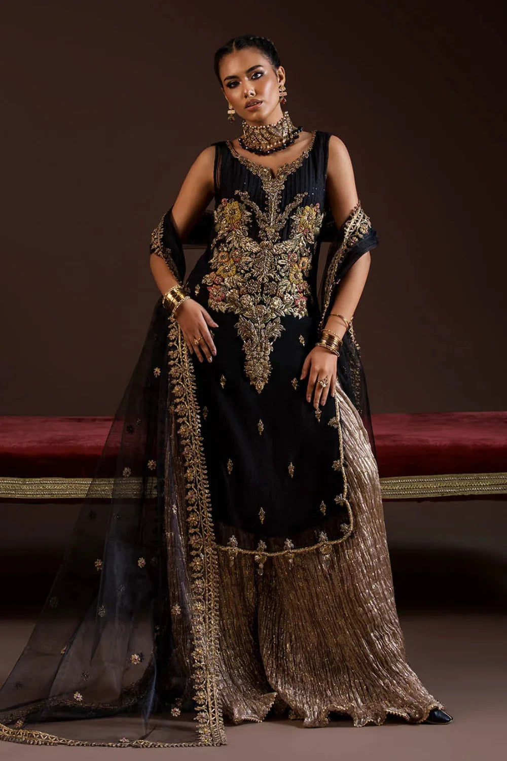 Hand Embroidered Black Crinkle Chiffon Sharara