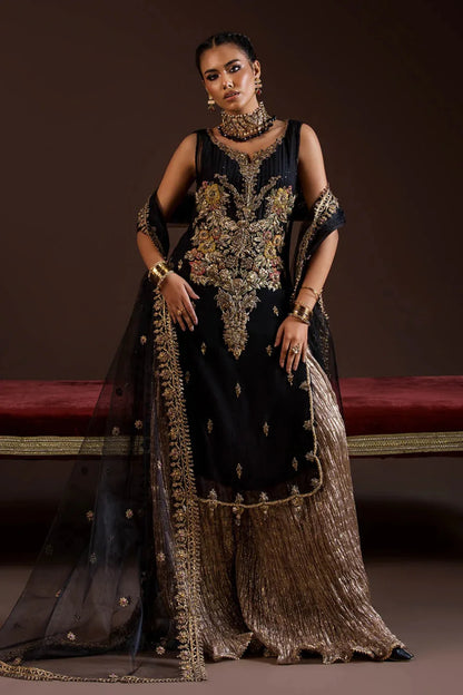 Hand Embroidered Black Crinkle Chiffon Sharara