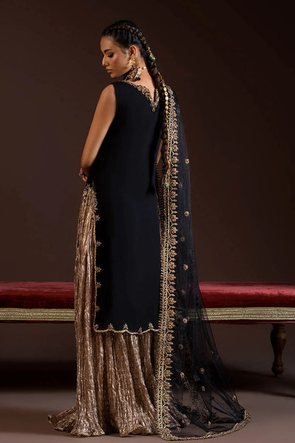 Hand Embroidered Black Crinkle Chiffon Sharara