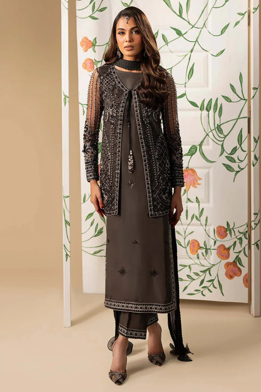 Hand Embellished Net Jacket Suit in Charcoal Black