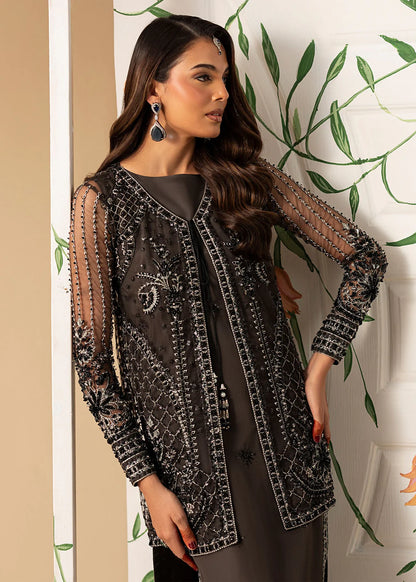 Hand Embellished Net Jacket Suit in Charcoal Black