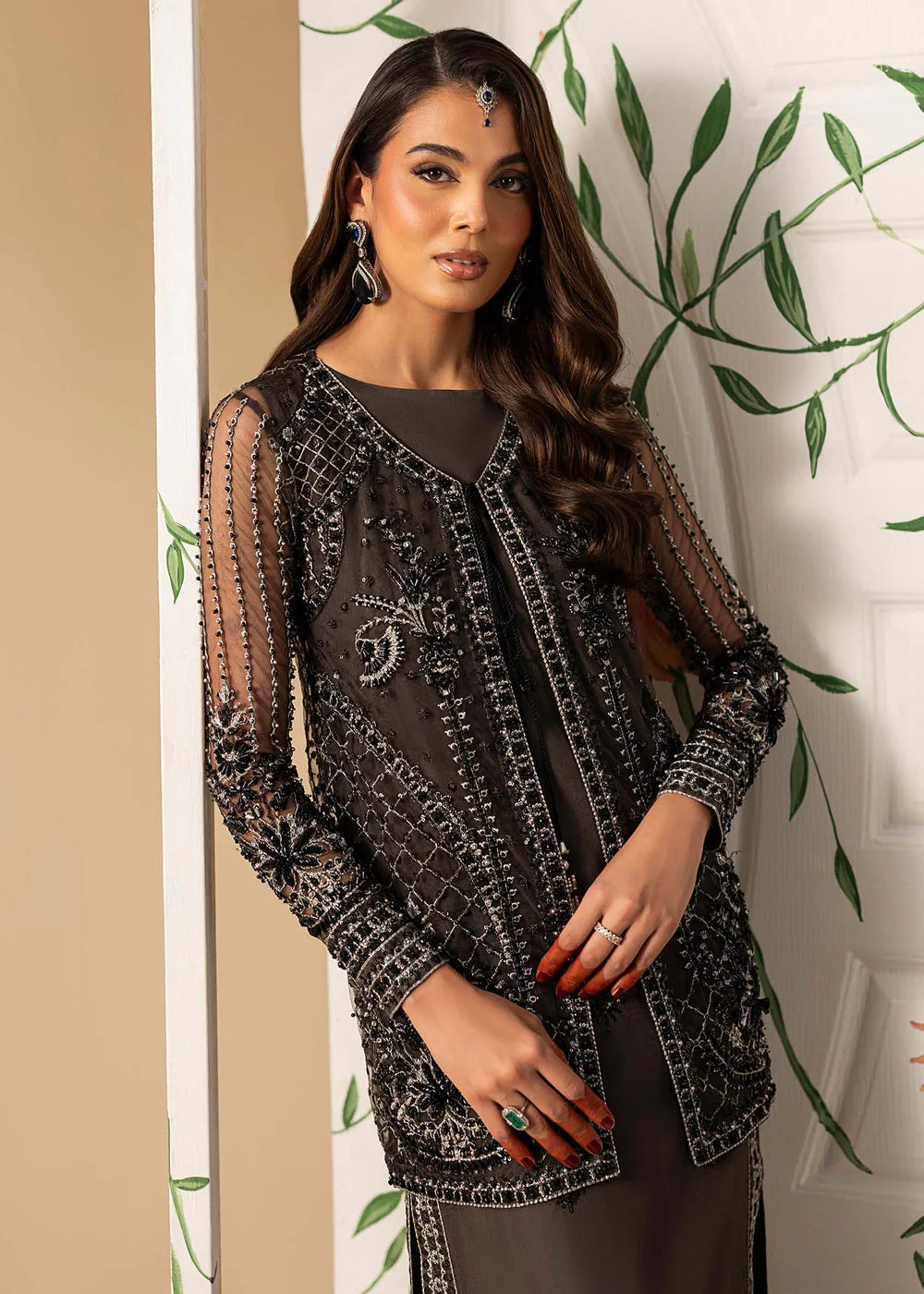 Hand Embellished Net Jacket Suit in Charcoal Black