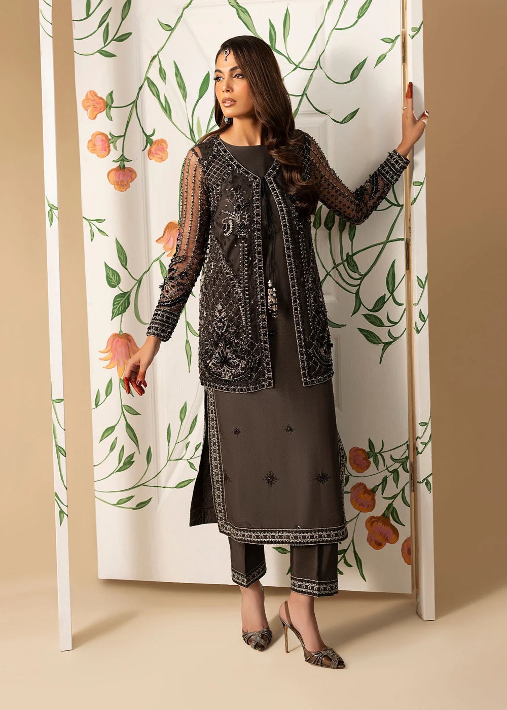 Hand Embellished Net Jacket Suit in Charcoal Black