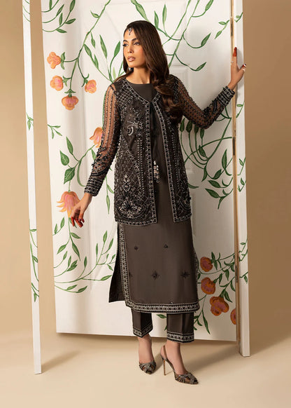 Hand Embellished Net Jacket Suit in Charcoal Black