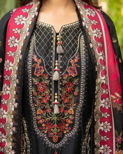 Black Kotrai Long Suit with Multi-Thread Embroidery and Velvet Patch