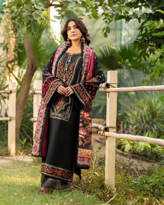 Black Kotrai Long Suit with Multi-Thread Embroidery and Velvet Patch