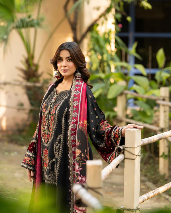 Black Kotrai Long Suit with Multi-Thread Embroidery and Velvet Patch