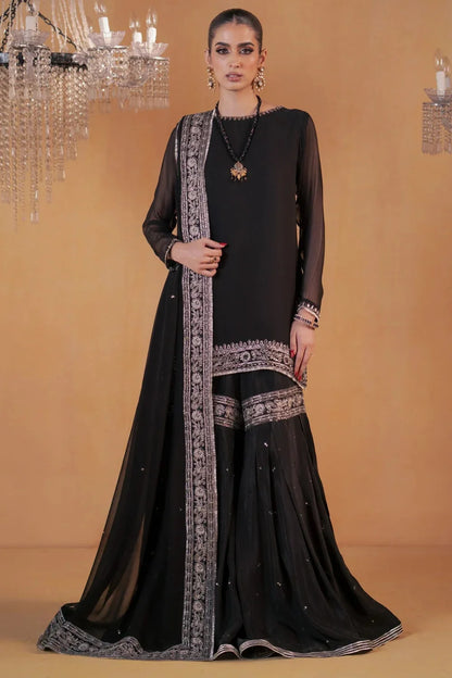 Black Chiffon Embellished Flared Gharara Size Small