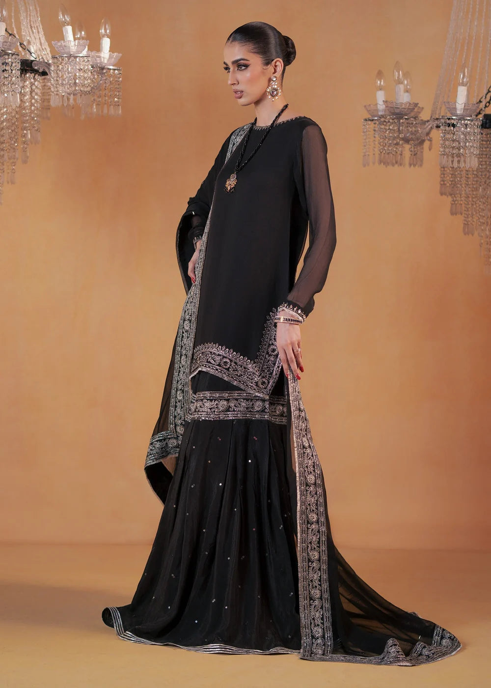 Black Chiffon Embellished Flared Gharara Size Small