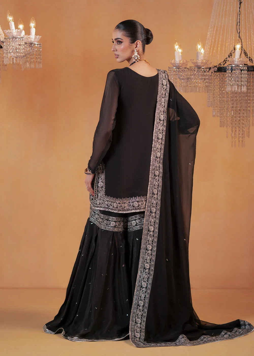 Black Chiffon Embellished Flared Gharara Size Small