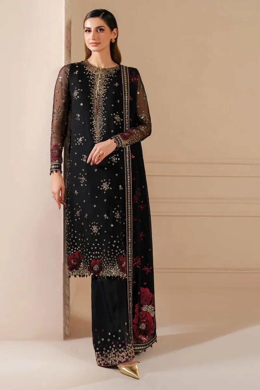 Black Multi Sequins Embroidered Chiffon Suit