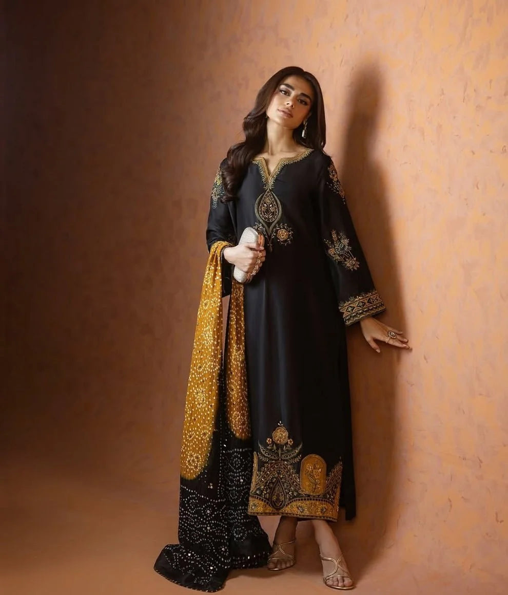 Black Handmade Silk Suit with Chunri Printed Dupatta