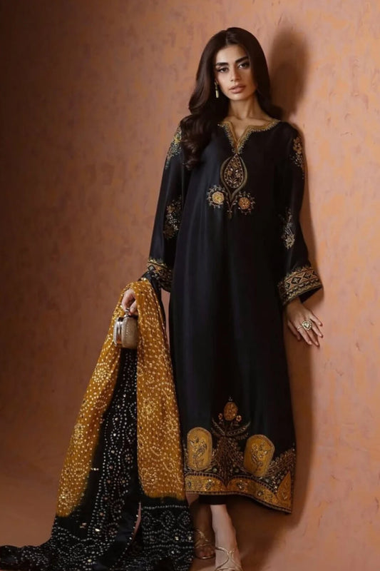 Black Handmade Silk Suit with Chunri Printed Dupatta