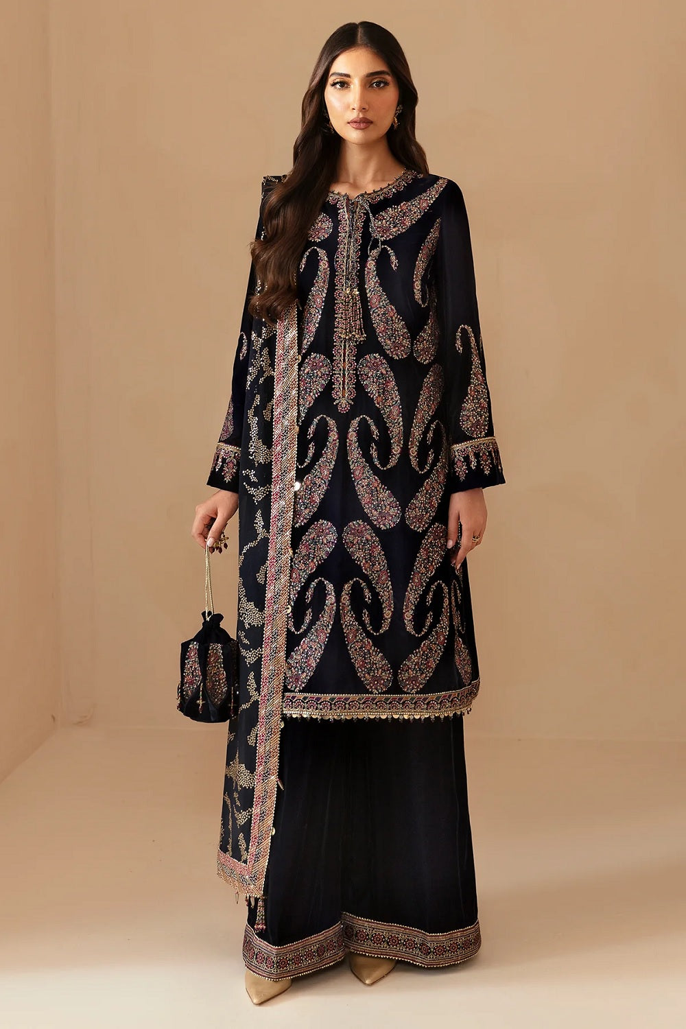 Black Velvet Suit with Multicolor Thread Work