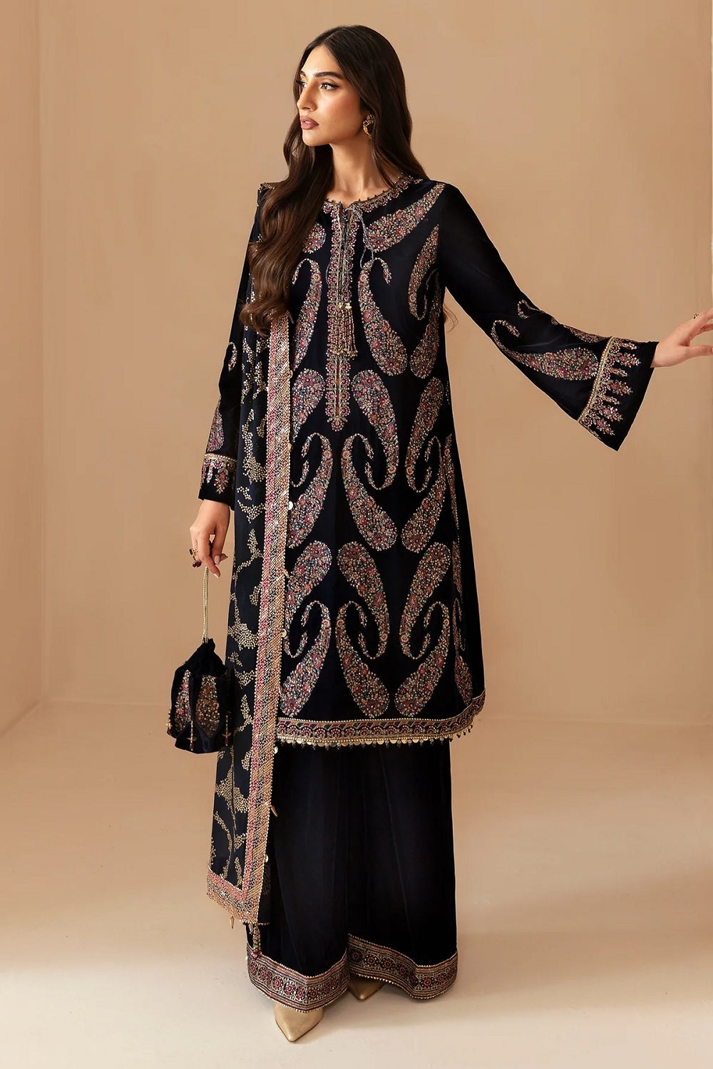 Black Velvet Suit with Multicolor Thread Work