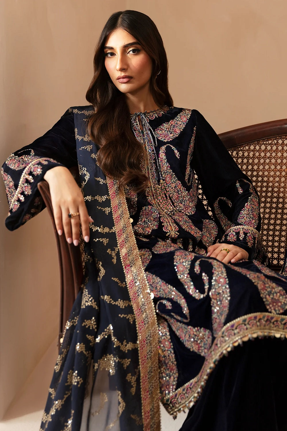 Black Velvet Suit with Multicolor Thread Work