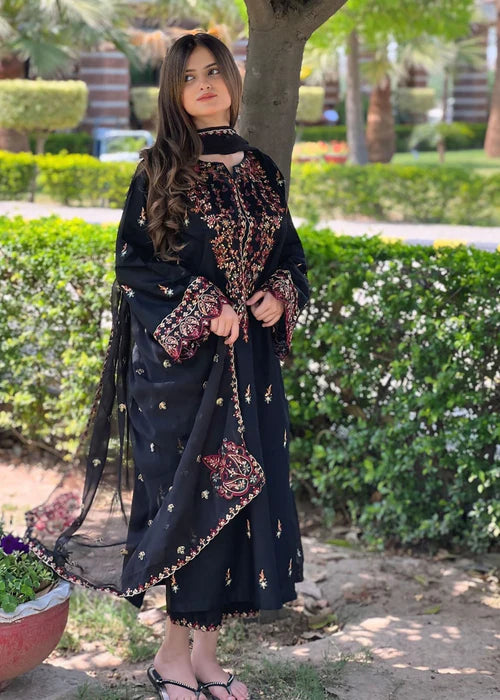 Black Sequins Embroidered Long Kurta Set with Dupatta