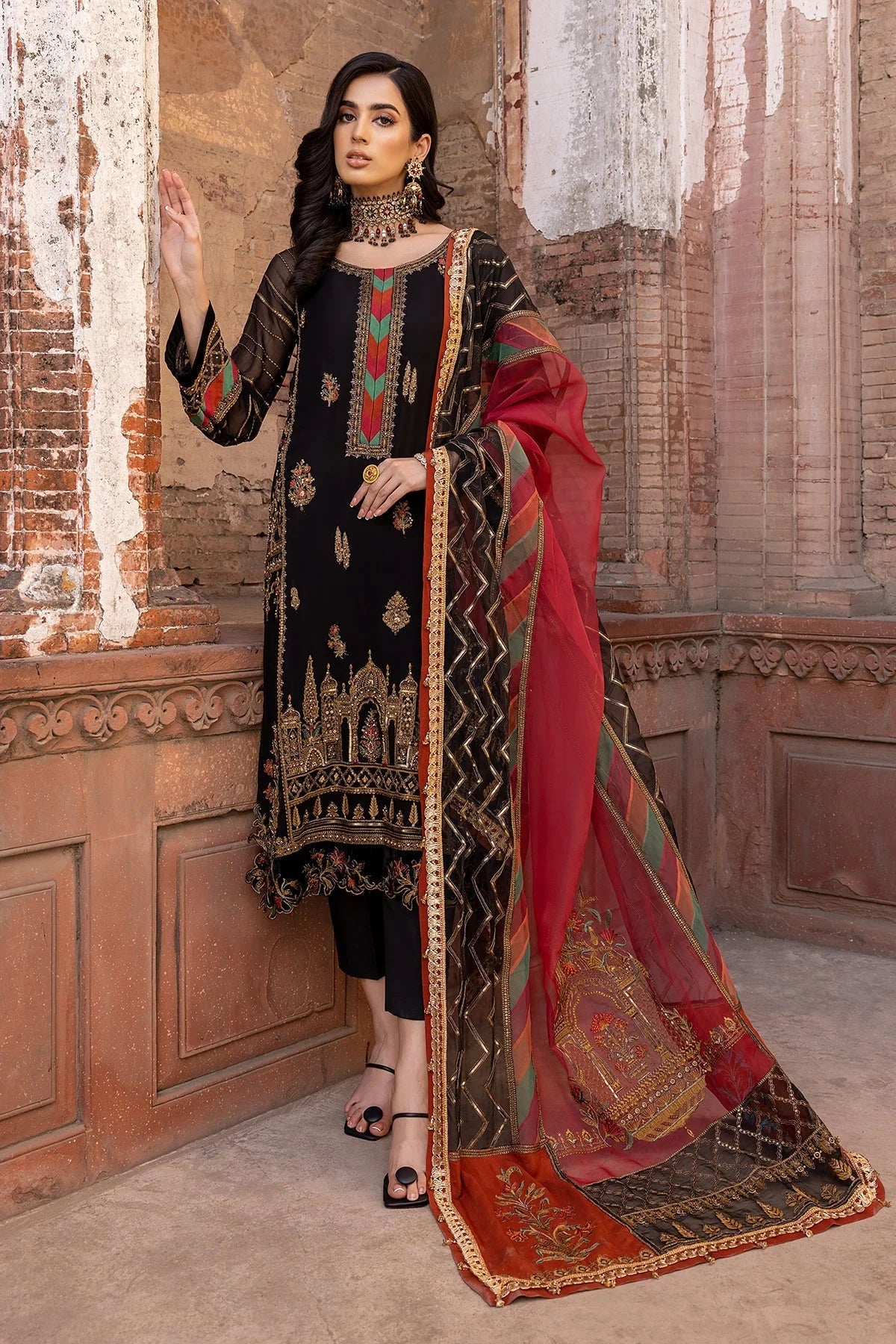 Black & Red Pure Chiffon Suit