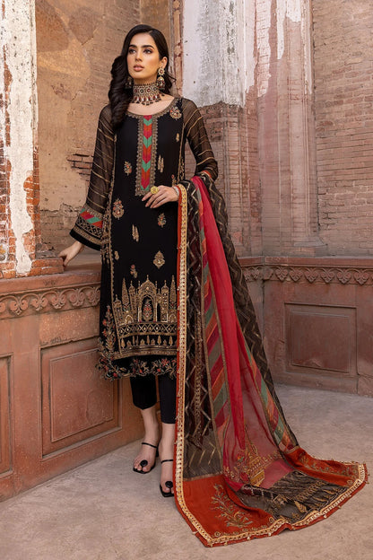 Black & Red Pure Chiffon Suit