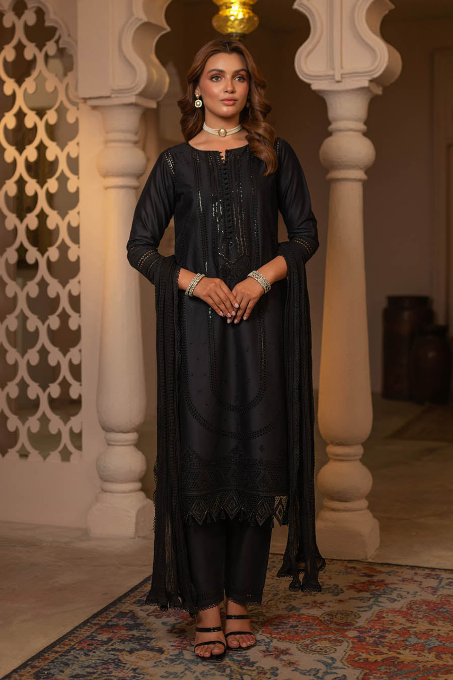 Black Readymade Pure Cotton Chikan Suit with Sequins Work