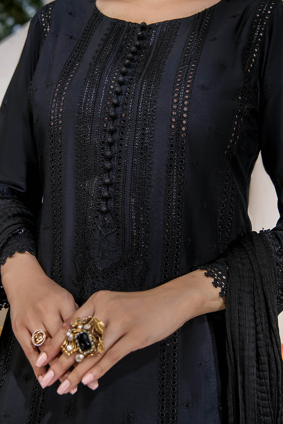 Black Readymade Pure Cotton Chikan Suit with Sequins Work