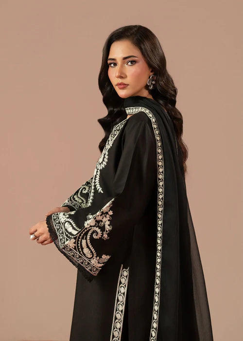 Black Linen Embroidered Kurta Set with Dupatta