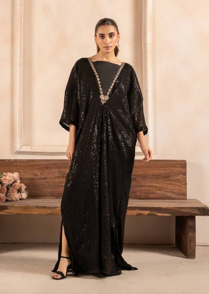 Black Sequins Embroidered Chiffon Kaftan