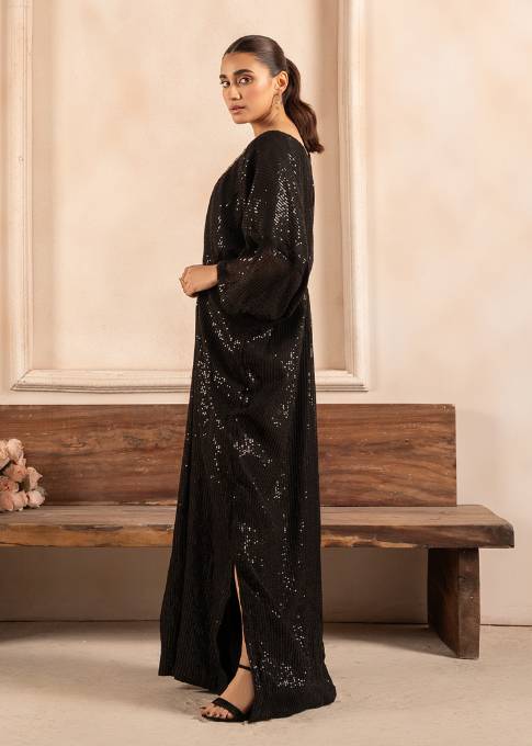 Black Sequins Embroidered Chiffon Kaftan