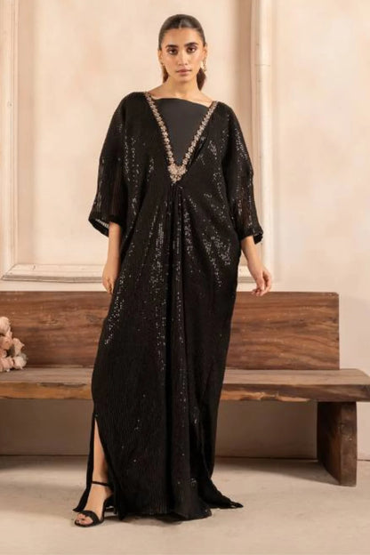 Black Sequins Embroidered Chiffon Kaftan