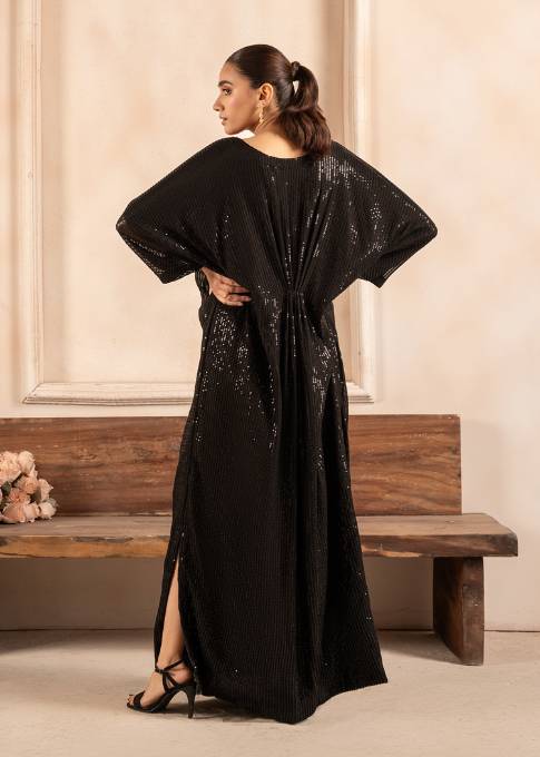 Black Sequins Embroidered Chiffon Kaftan