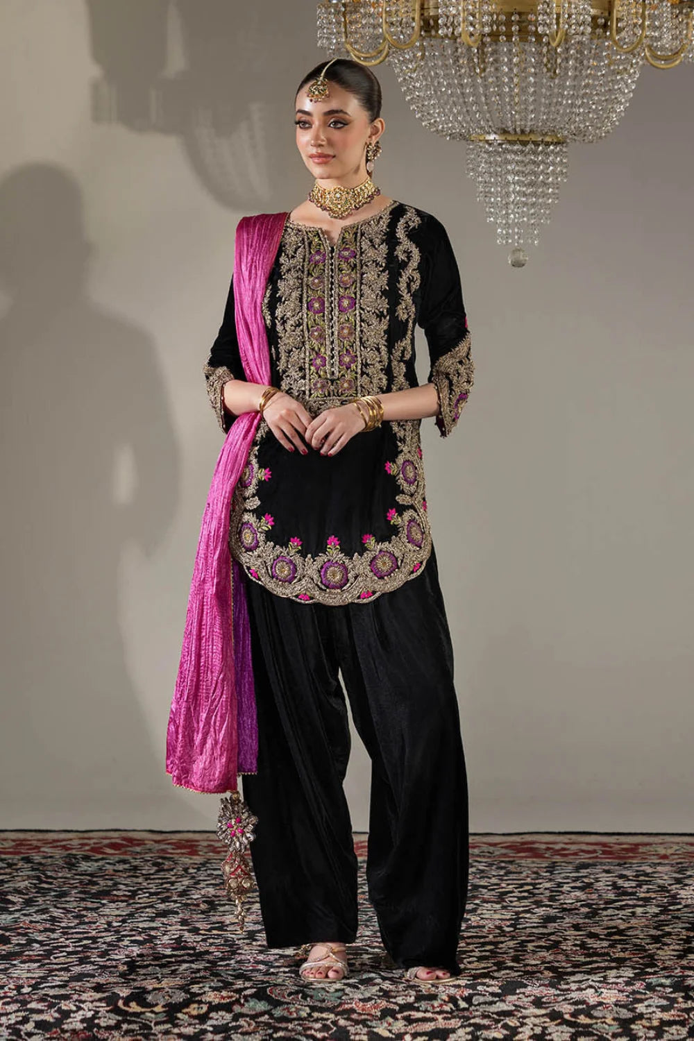Hand Embroidered Black Farshi Shalwar with 3D Work