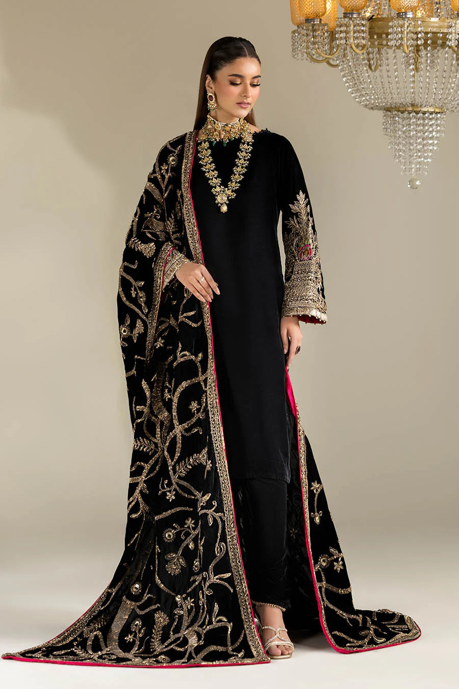 Hand Embroidered Black Velvet Suit with Heavy Embroidered Dupatta