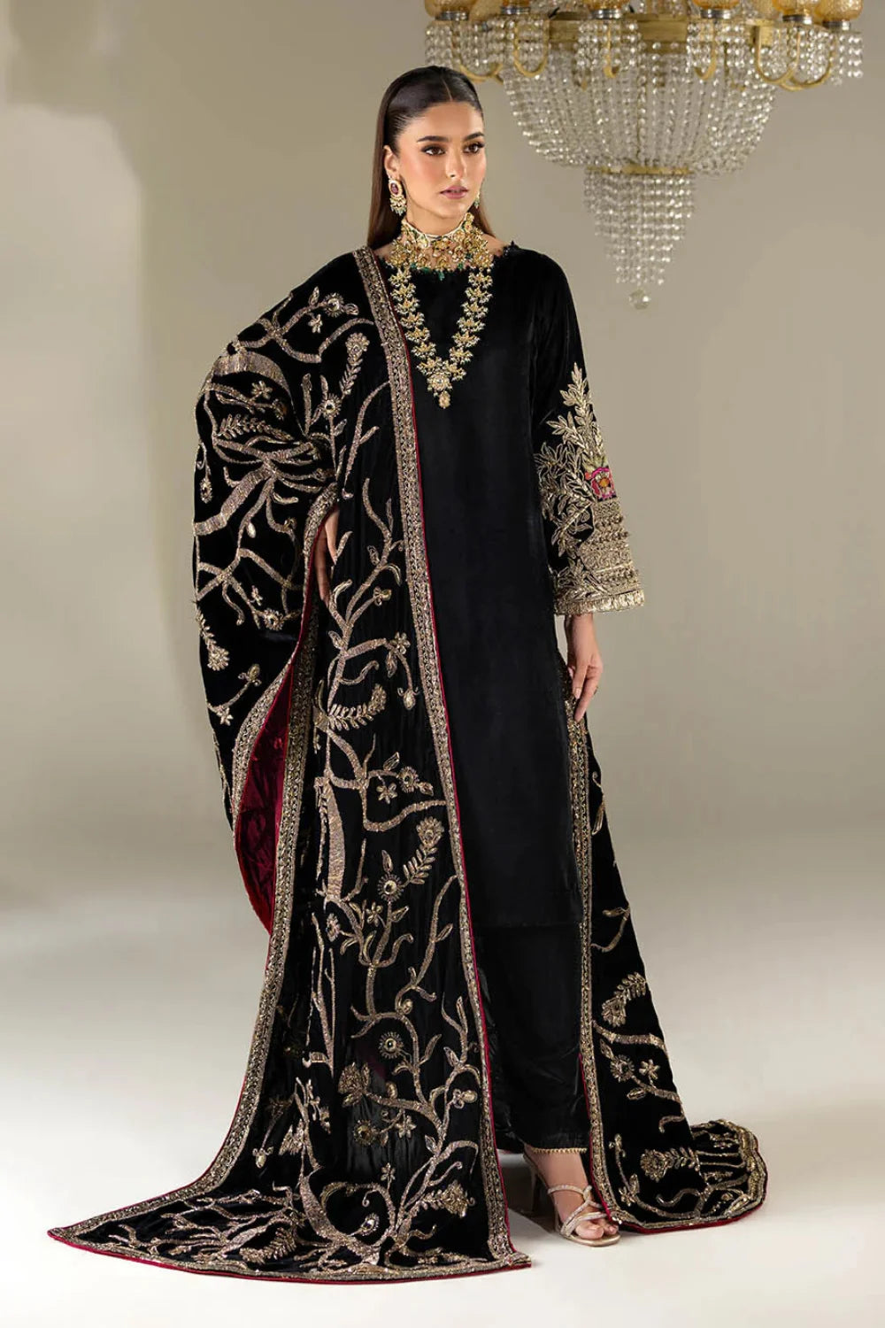Hand Embroidered Black Velvet Suit with Heavy Embroidered Dupatta