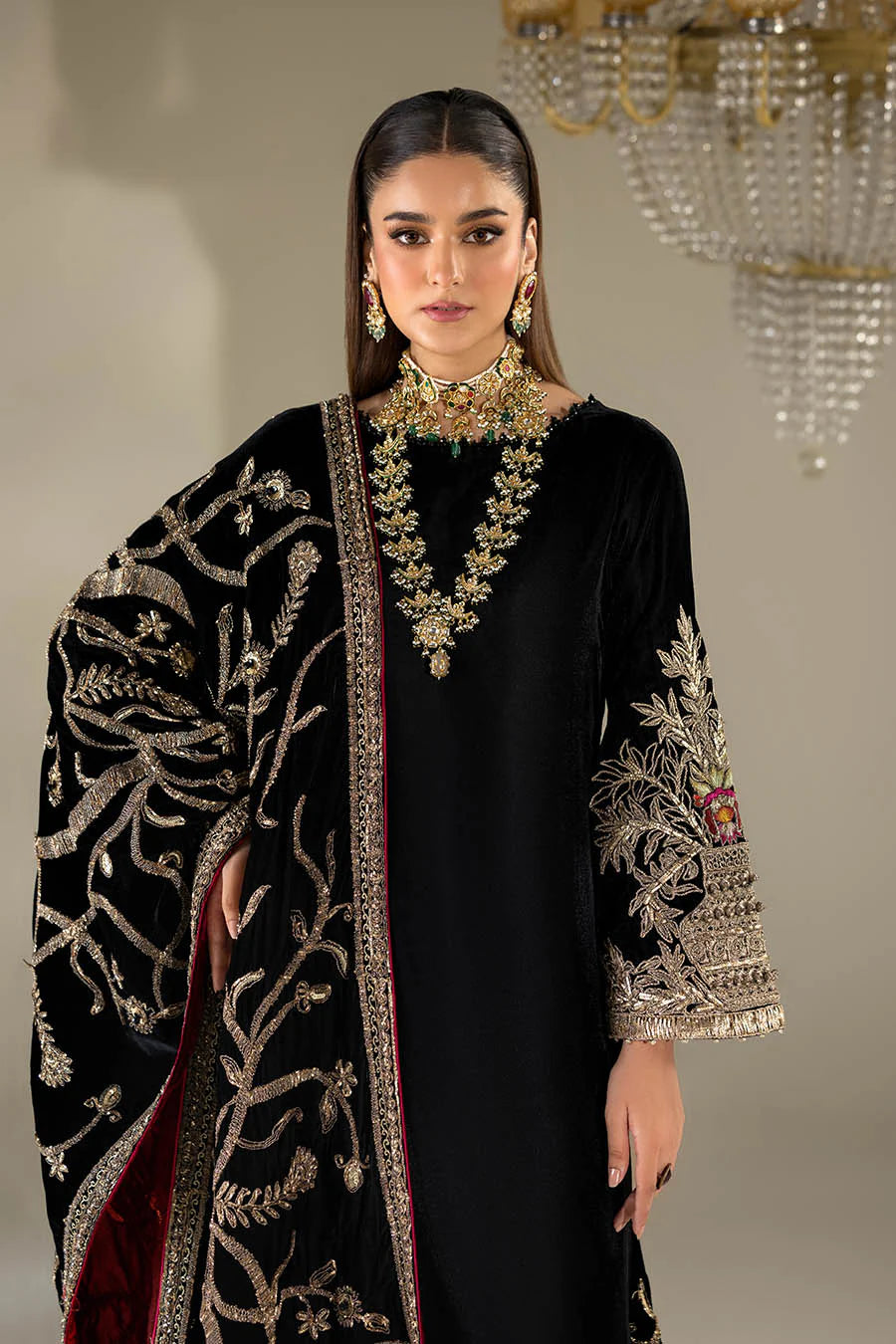Hand Embroidered Black Velvet Suit with Heavy Embroidered Dupatta