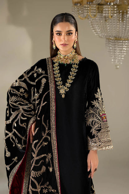 Hand Embroidered Black Velvet Suit with Heavy Embroidered Dupatta