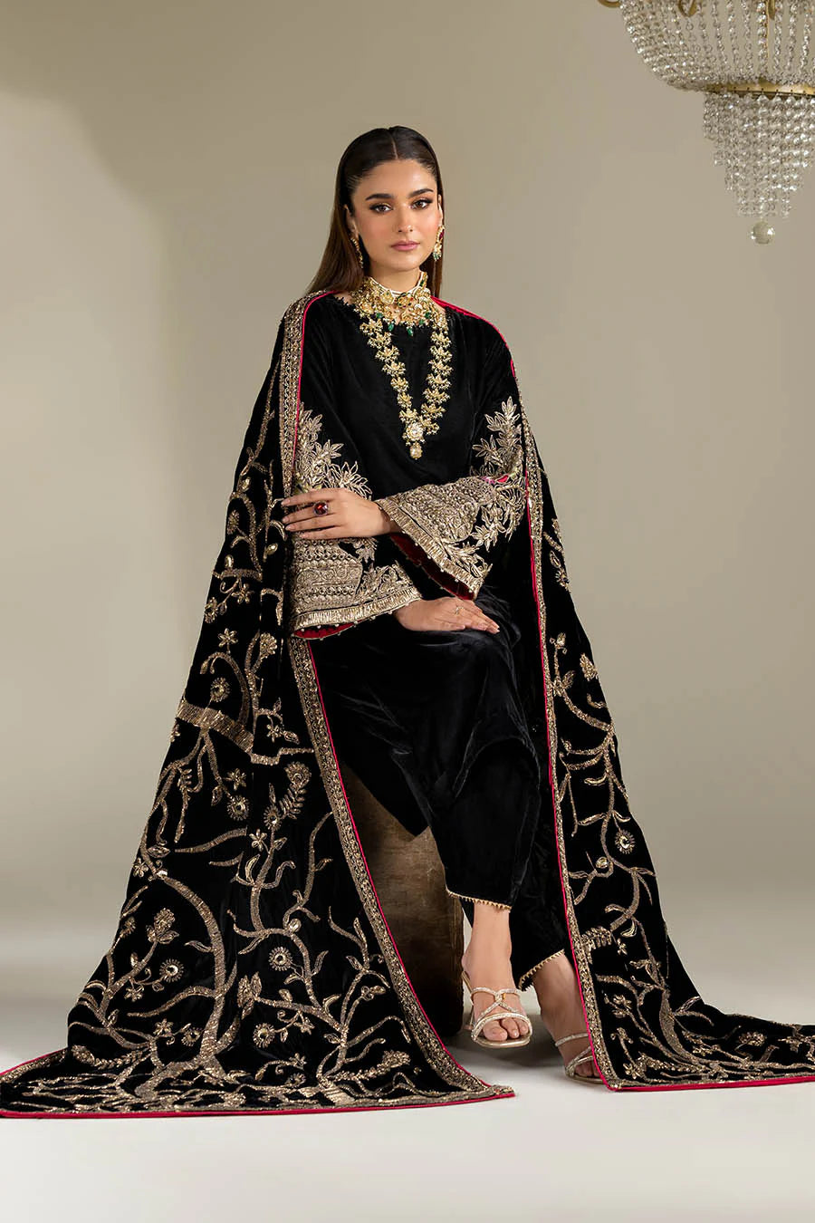 Hand Embroidered Black Velvet Suit with Heavy Embroidered Dupatta