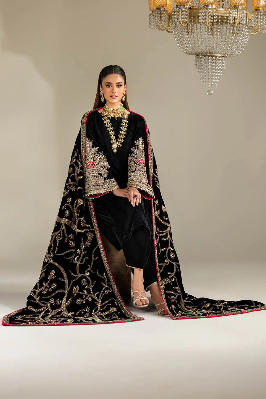 Hand Embroidered Black Velvet Suit with Heavy Embroidered Dupatta