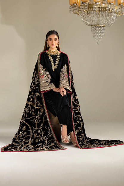 Hand Embroidered Black Velvet Suit with Heavy Embroidered Dupatta