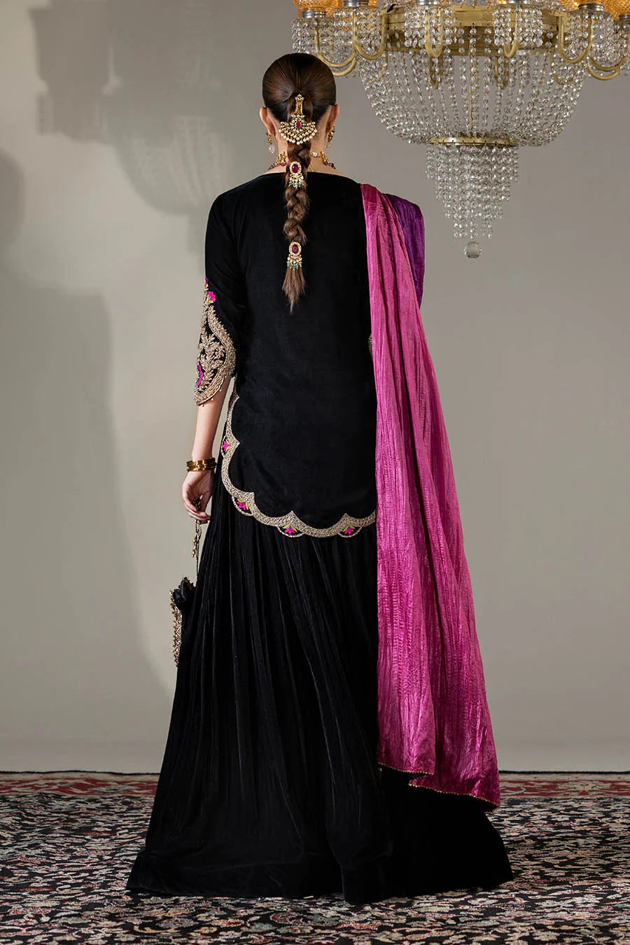Hand Embroidered Black Velvet Sharara with 3D Work